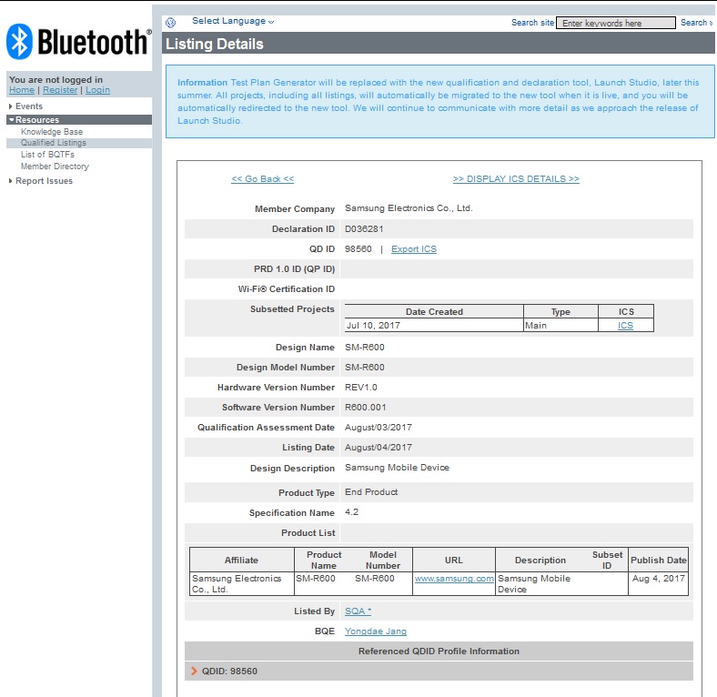 Samsung Smartwatch SM-R600 a primit certificarea Bluetooth